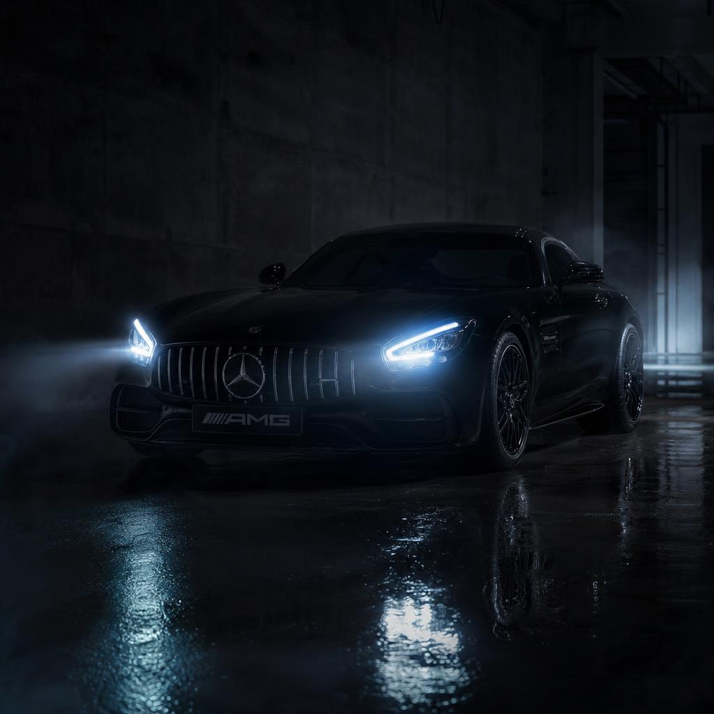 Mercedes-AMG GT front in dark mysterious lighting